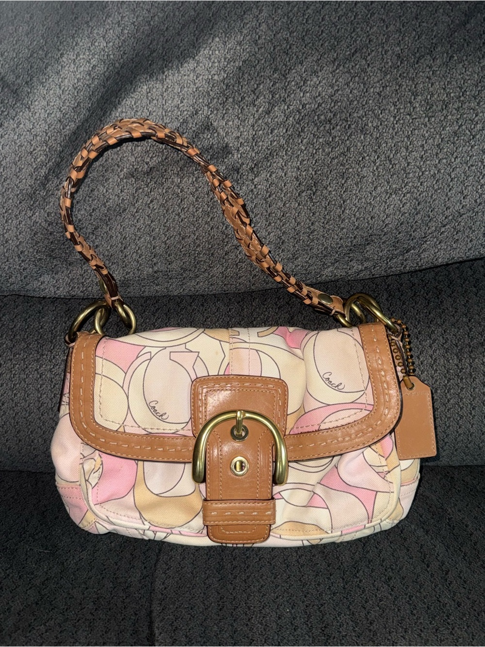 Coach Pink Signature Canvas Shoulder Bag with Tan Leather Trim